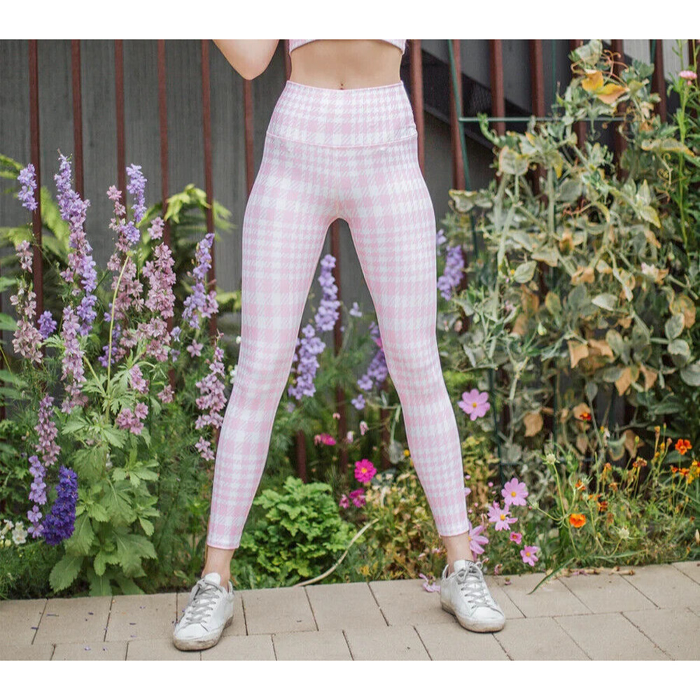 ONA By Yoon Chung Pink Houndstooth Activewear Leggings Sz L High-Rise 26" Inseam